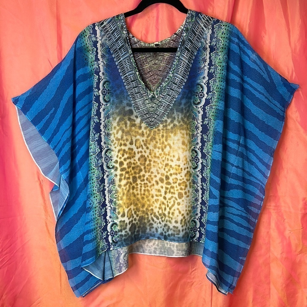 Women’s Poncho Type Sheer Top Size XL Blue Yellow Mixed Print Boho Hippie